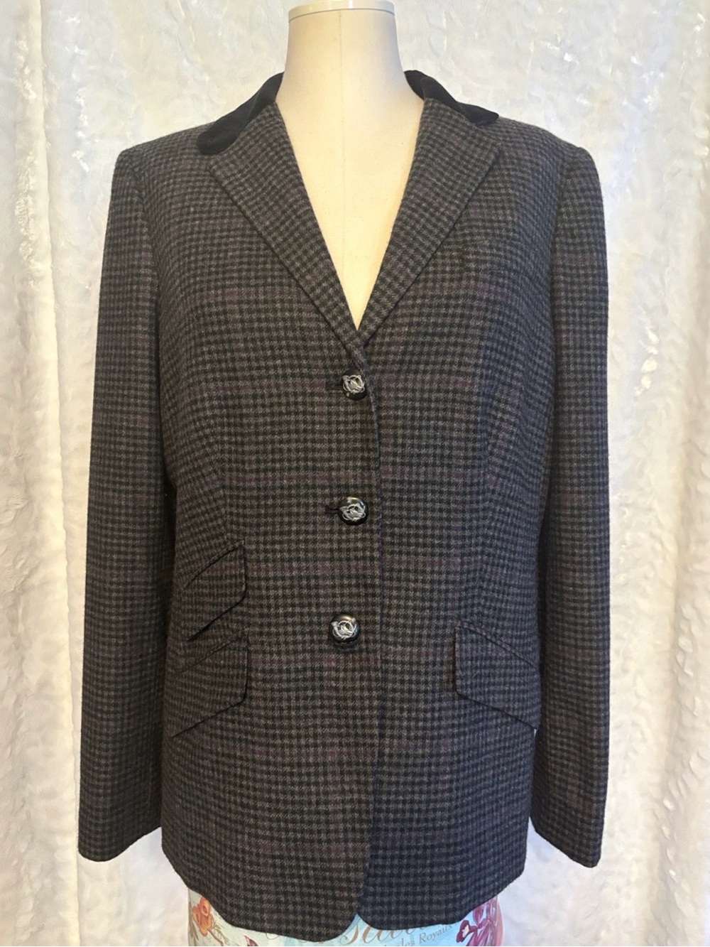 Lauren Ralph Lauren Wool Cashmere Houndstooth Plaid Blazer Size 14